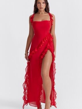 House of CB Ariela Cherry Ruffle Maxi Dress S